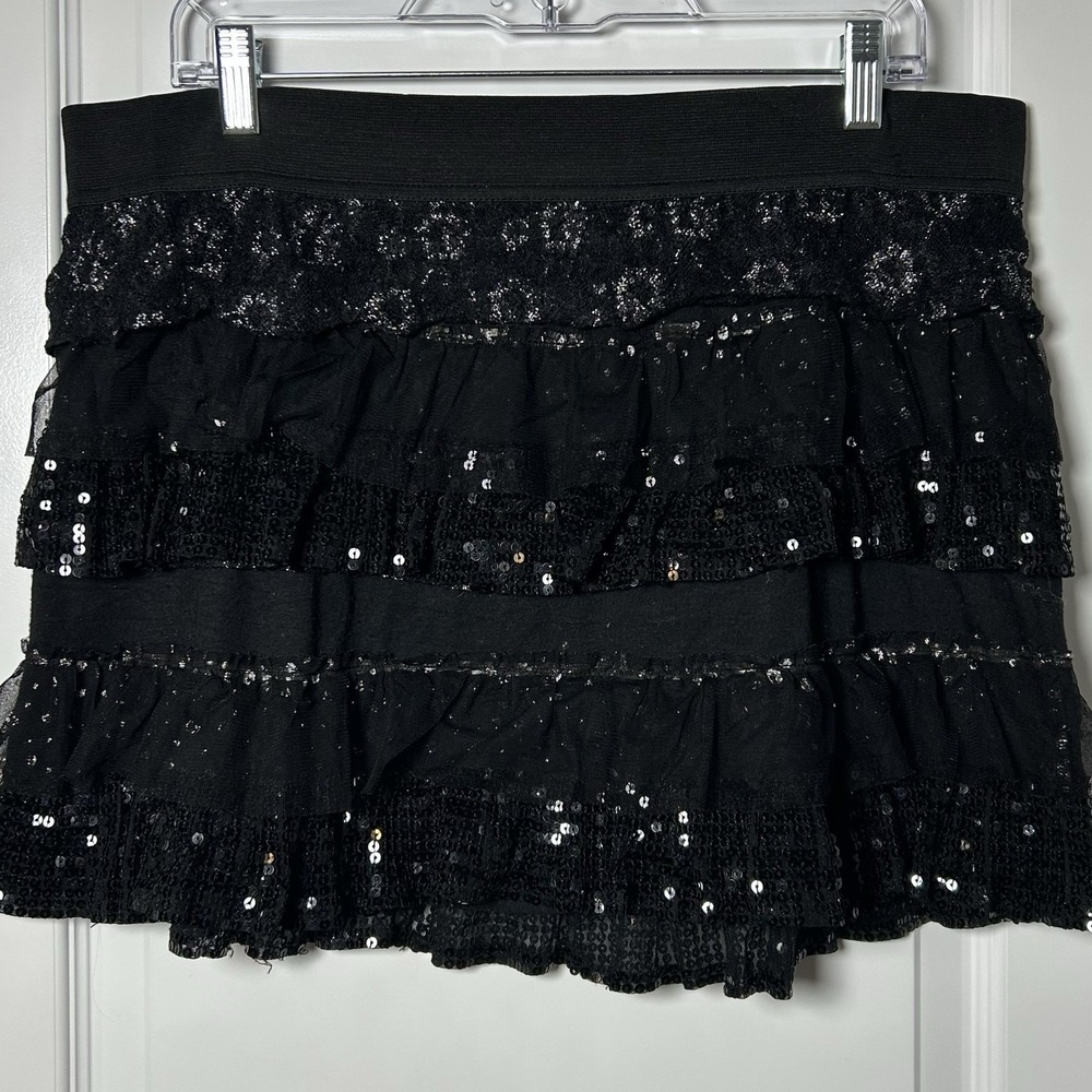 SO Vintage Y2K Black Tiered Sequin Sparkle Mesh Ruffle Elastic Waist Mini Skirt